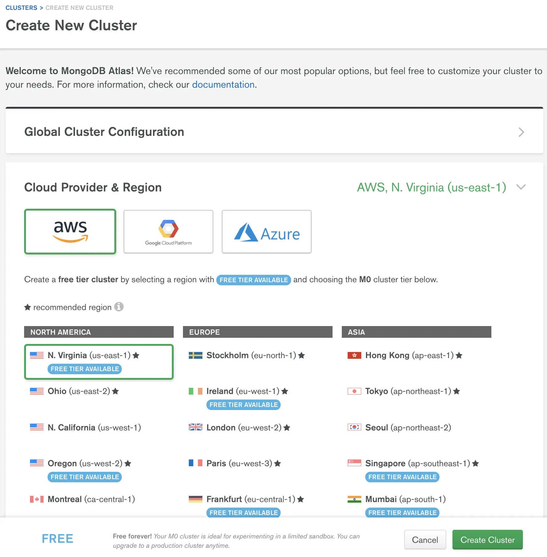 Imagem da criação de cluster no free tier