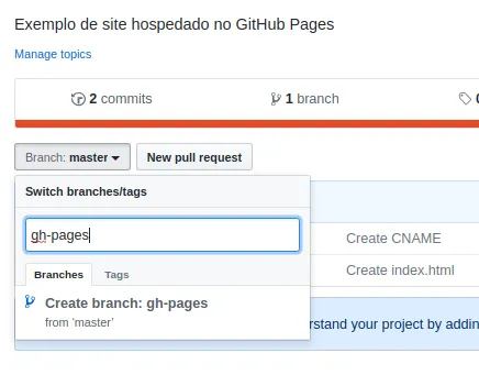 Criando a branch gh-pages no GitHub