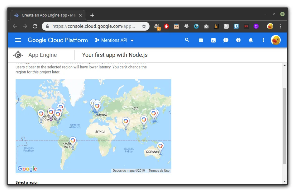Selecionando a região no Google Cloud Platform