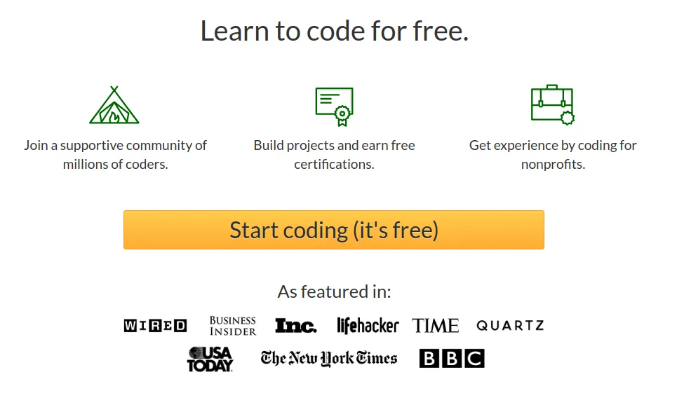 Home page do freeCodeCamp