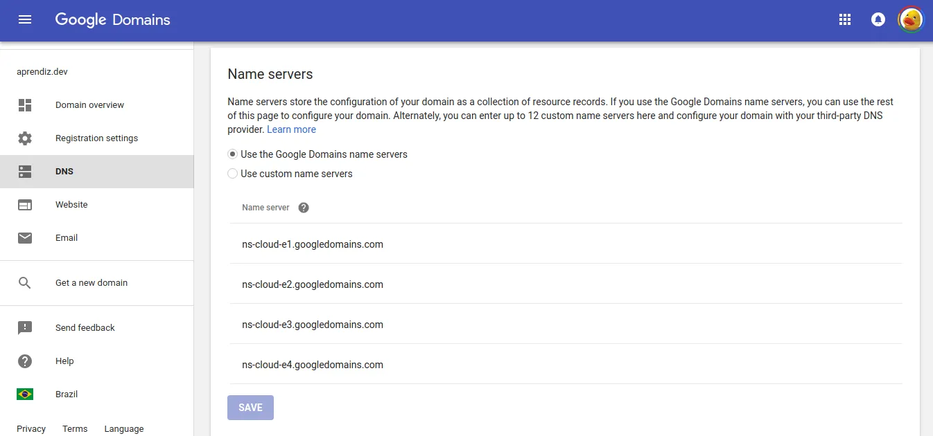 Interface administrativa de DNS do Google Domains