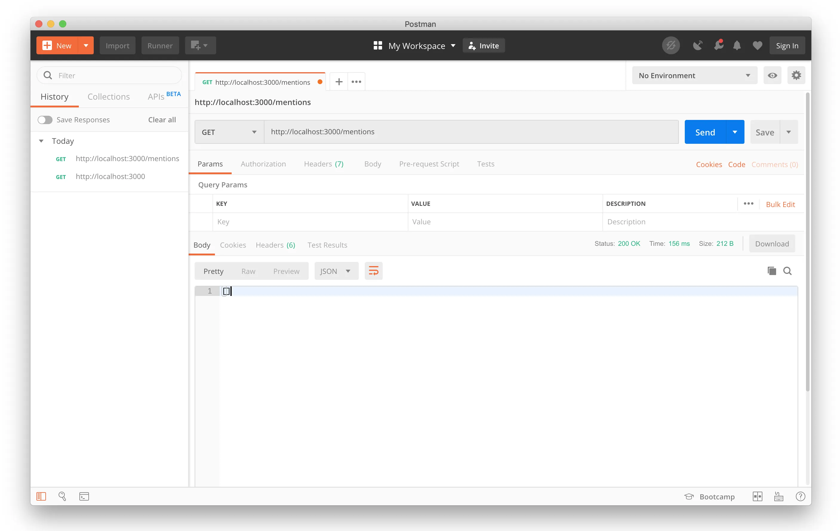 Postman com a resposta vazia do GET em localhost:3000/mentions