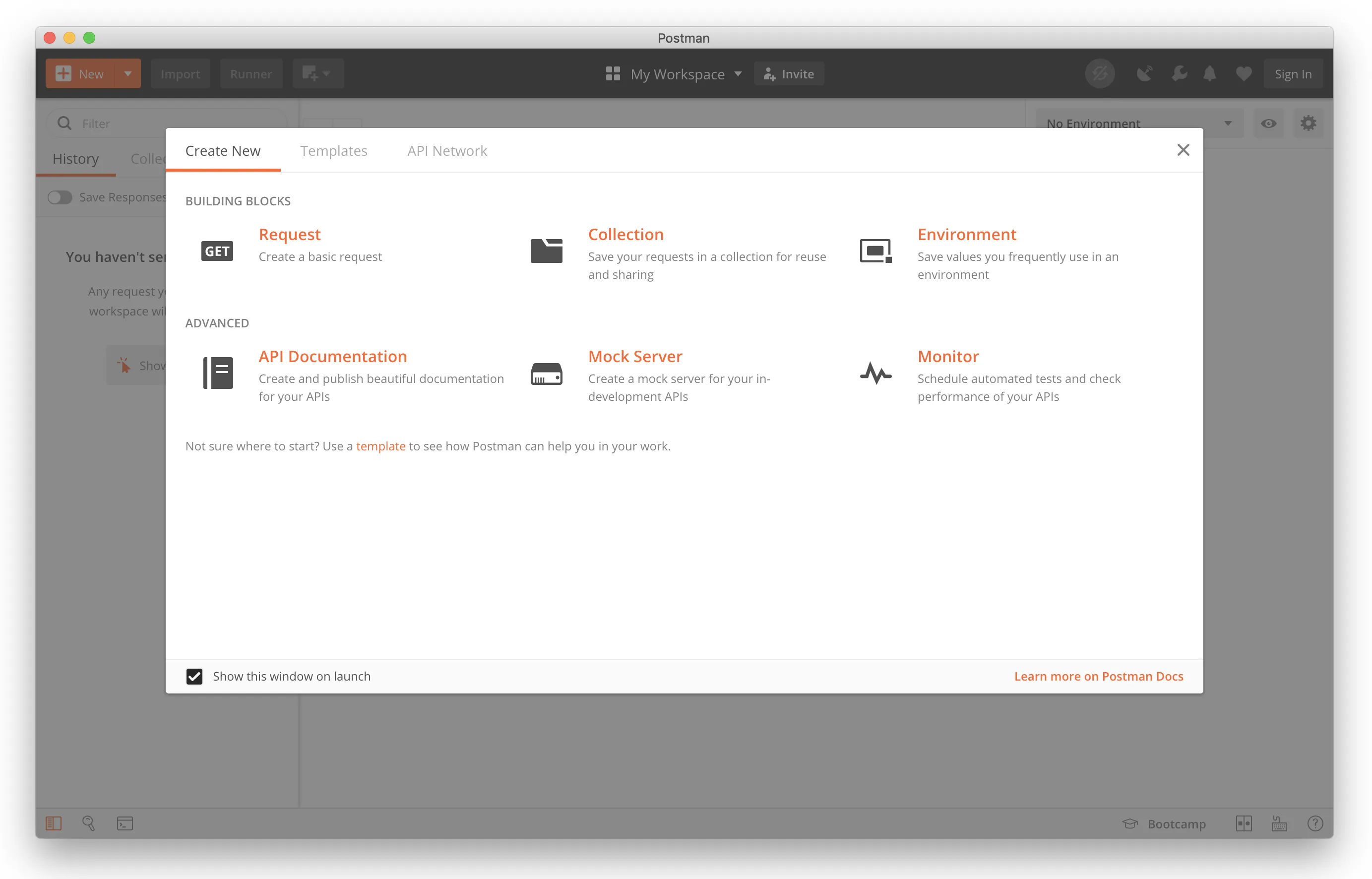 Tela inicial do Postman, com mensagem de boas vindas